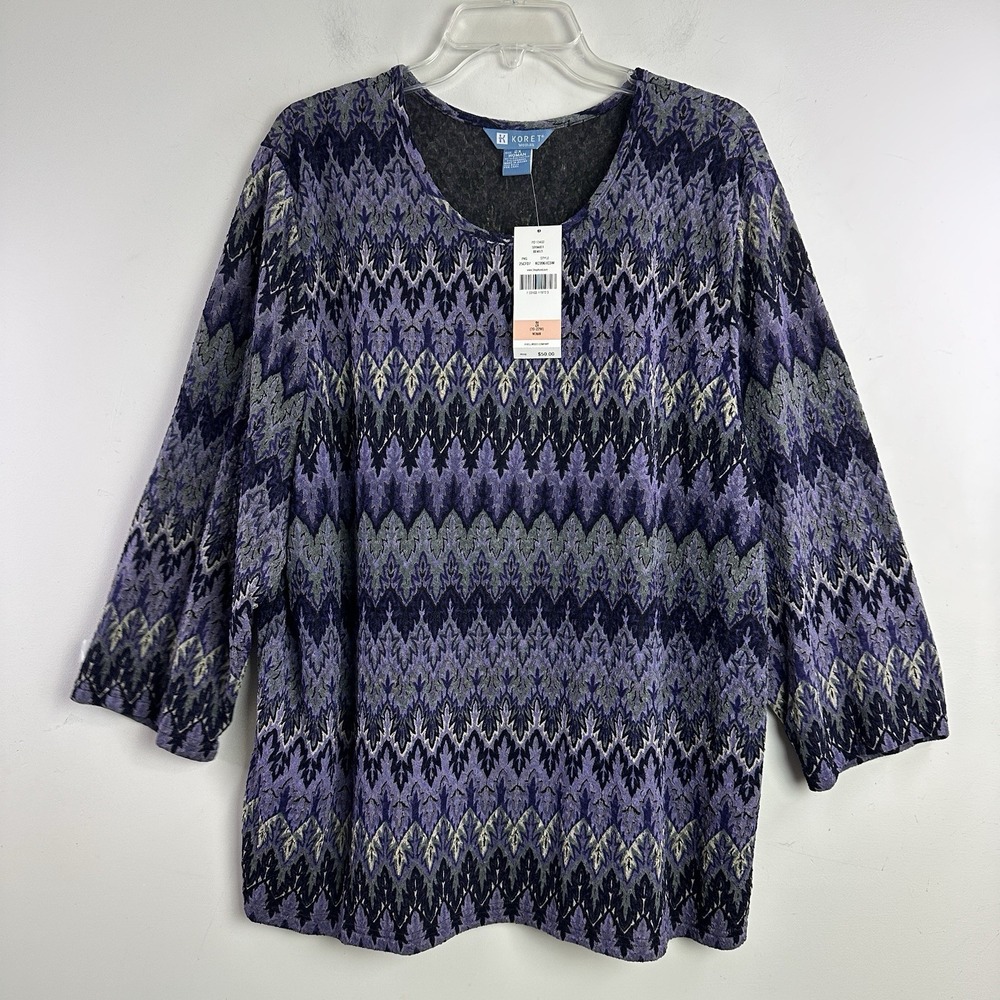 Koret Top 2X Womens Black Purple Chevron‎ Scoop Neck 3/4 Sleeve Knit Blouse NEW
